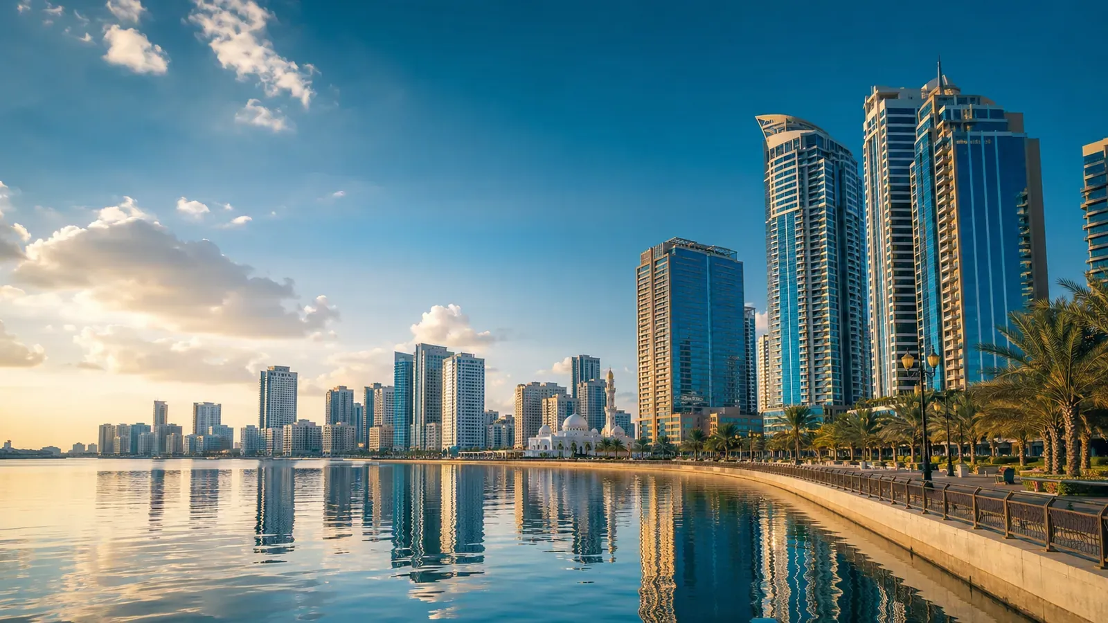 A Gulf waterfront skyline at golden hour