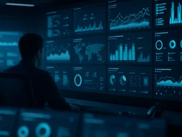 An operations wall of system-monitoring dashboards