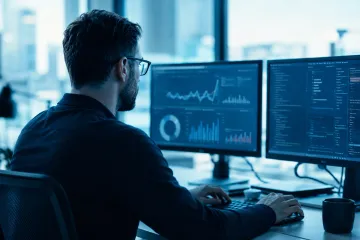 An analyst reviewing customer data across dual monitors