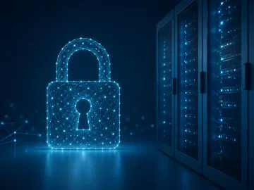 A padlock formed from a network of nodes beside server racks