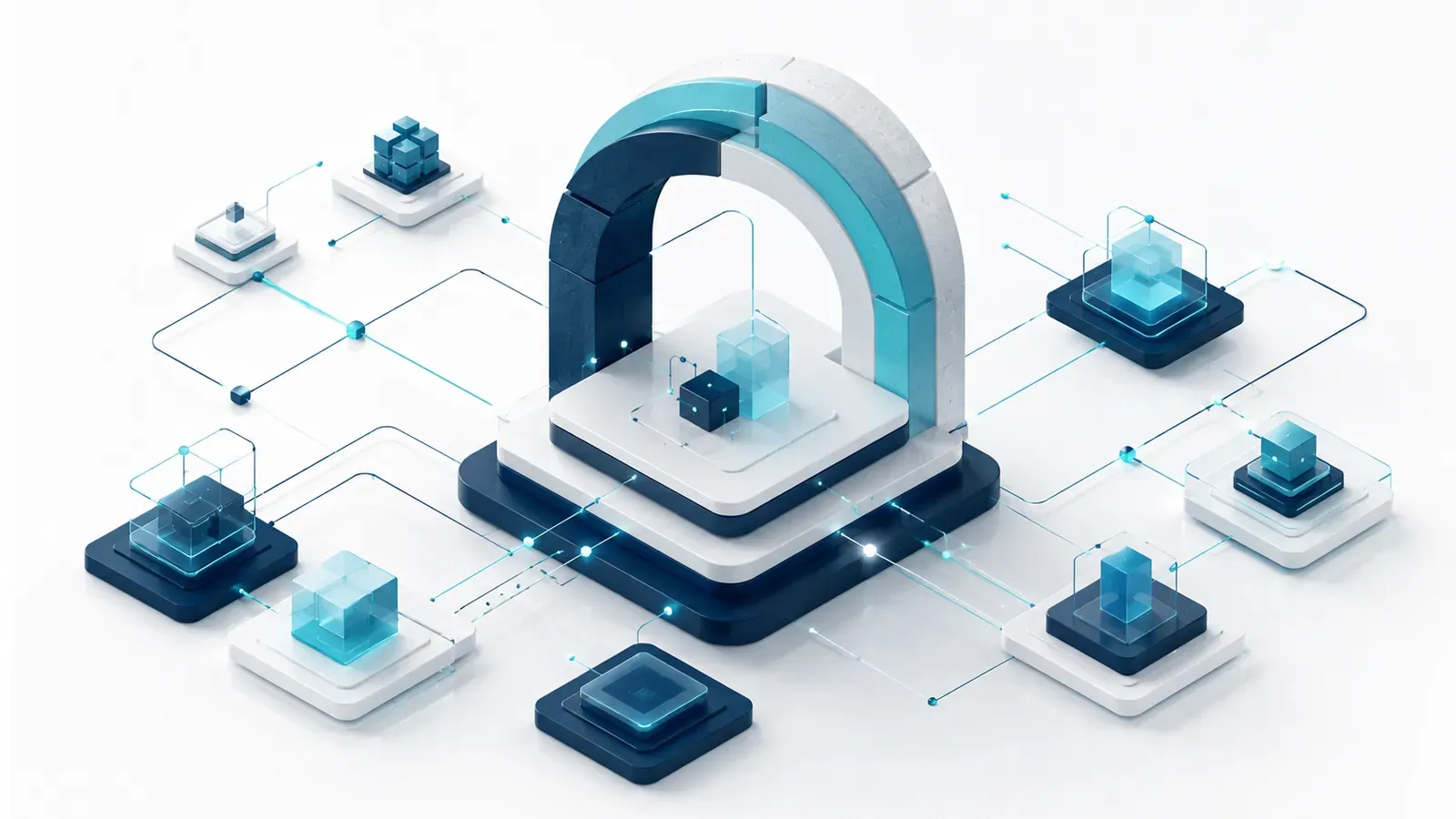An isometric view of connected platforms and integrations across a systems architecture