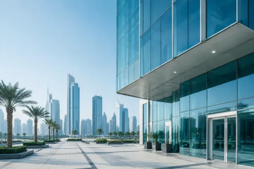 A modern glass office building in a Gulf business district